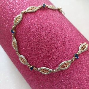 Stunning DL 925 Sterling Silver w/GP Leaf Link Sapphire Tennis Bracelet